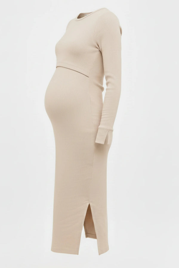 Рипсена памучна рокля за бременни и кърмещи - бежова