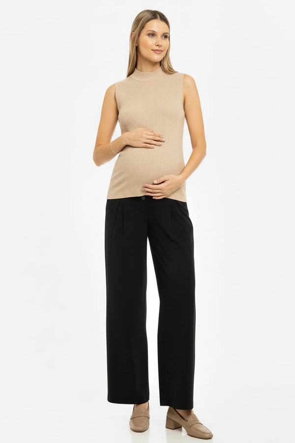 Разкроен еластичен панталон с плохи за бременни - черен