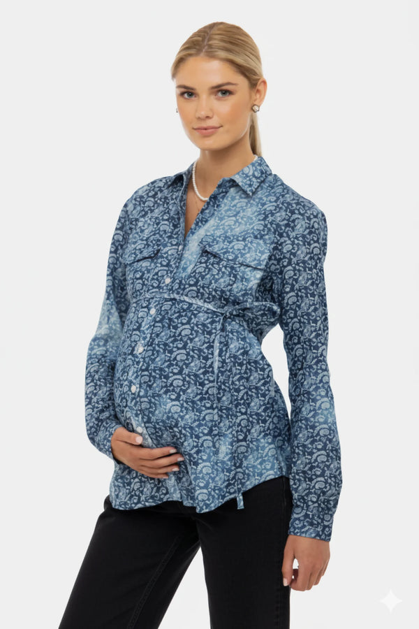 Памучна риза за бременни и кърмещи с десен