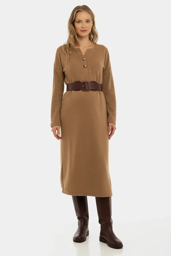 Дълга плетена рокля за бременни и кърмещи - карамел