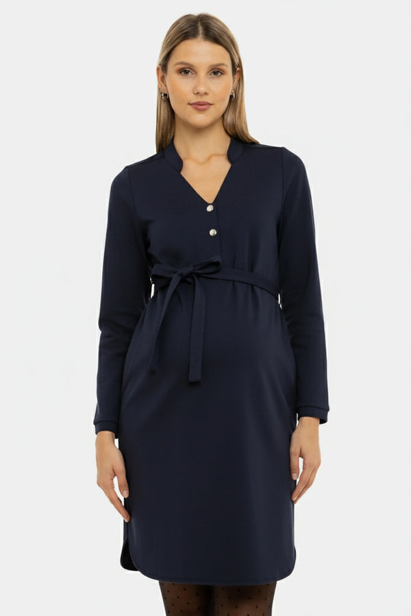 Еластична тъмносиня рокля за бременни и кърмещи
