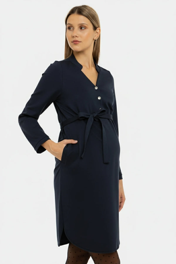 Еластична тъмносиня рокля за бременни и кърмещи