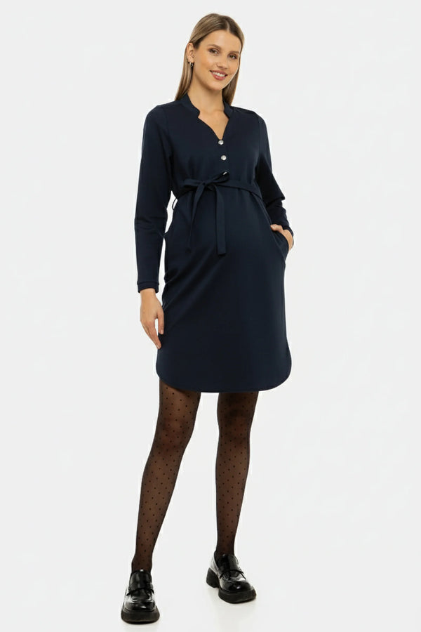 Еластична тъмносиня рокля за бременни и кърмещи
