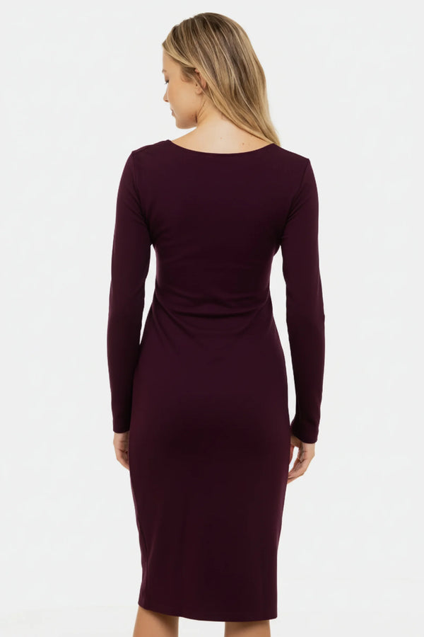 Елегантна дълга рокля с широк колан - бордо