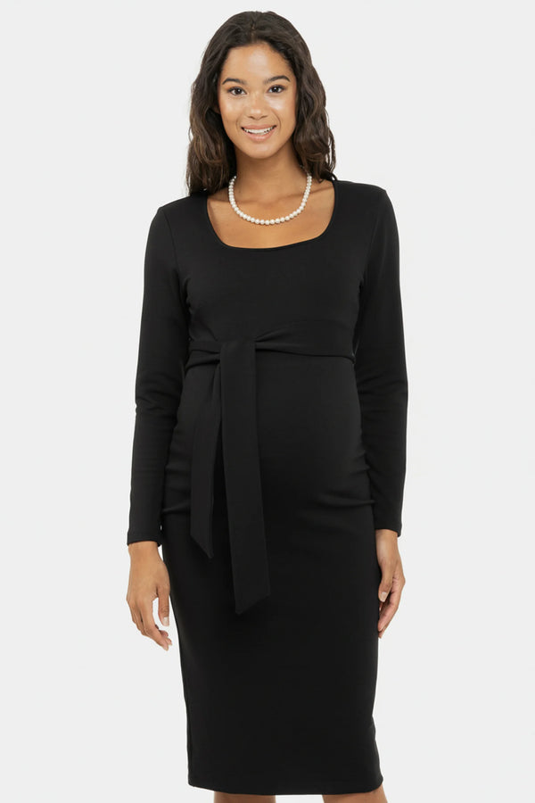 Елегантна дълга рокля с широк колан - черна