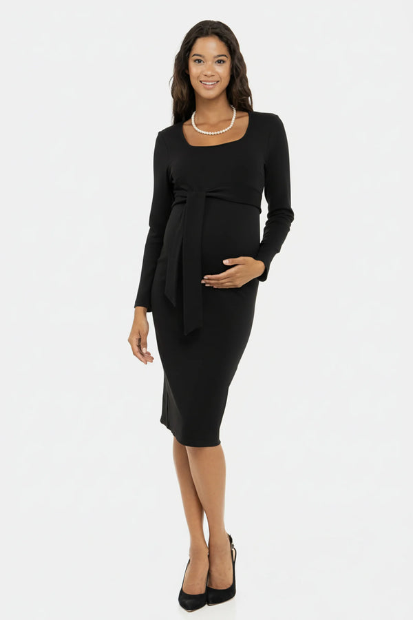 Елегантна дълга рокля с широк колан - черна