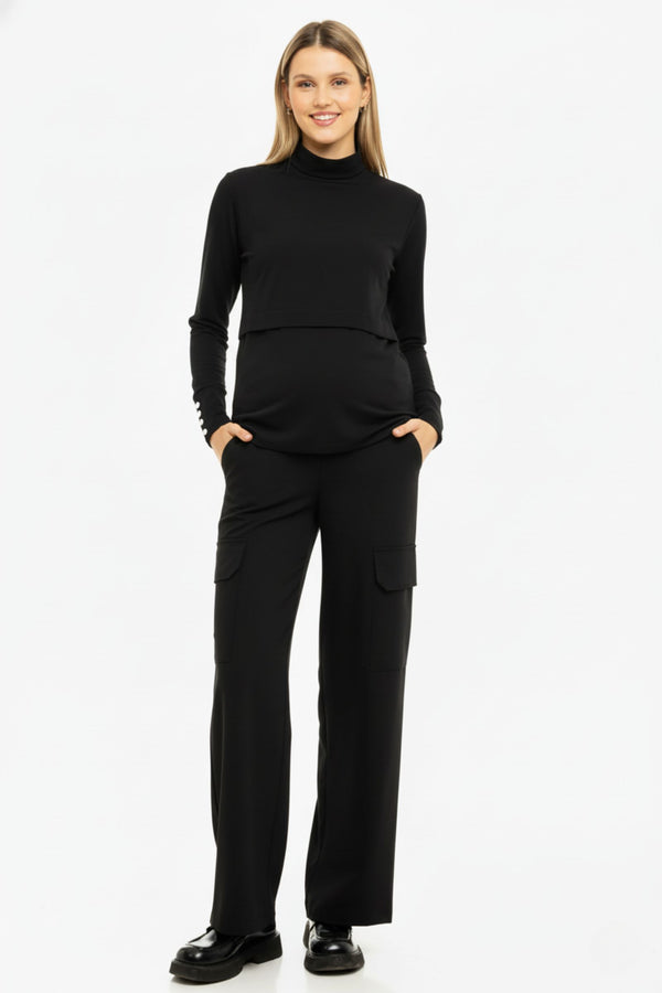 Елегантен черен карго панталон за бременни - цял ръст