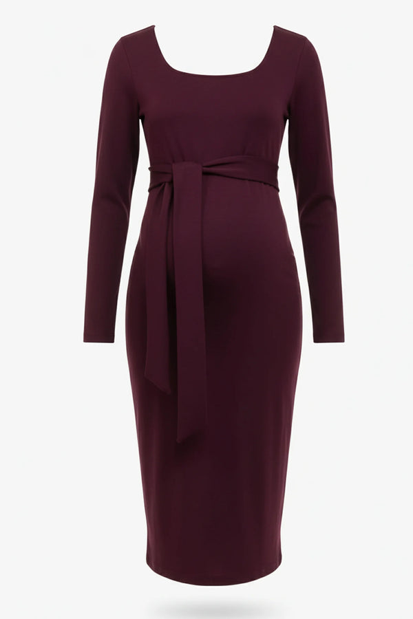 Елегантна дълга рокля с широк колан - бордо