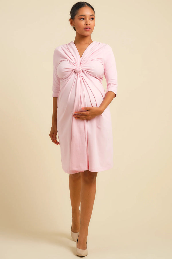 Памучна светлорозова рокля за бременни с възел