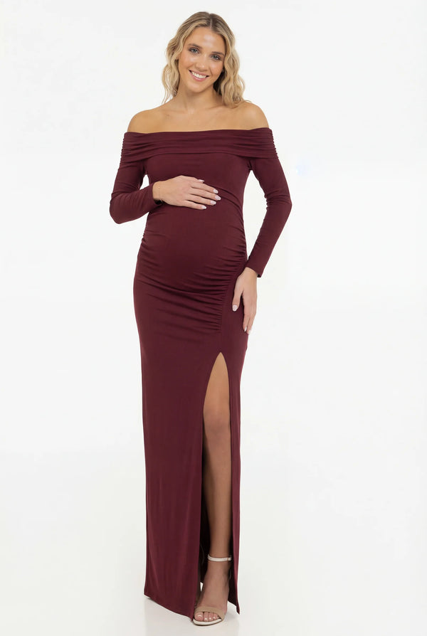 Дълга елегантна рокля с паднали рамене - бордо