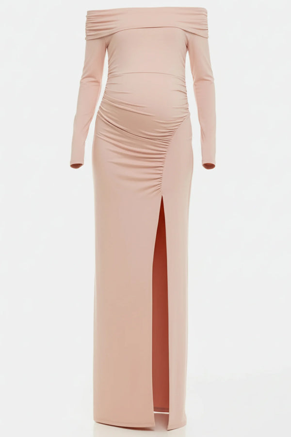 Дълга елегантна рокля с пандали рамене - пудра