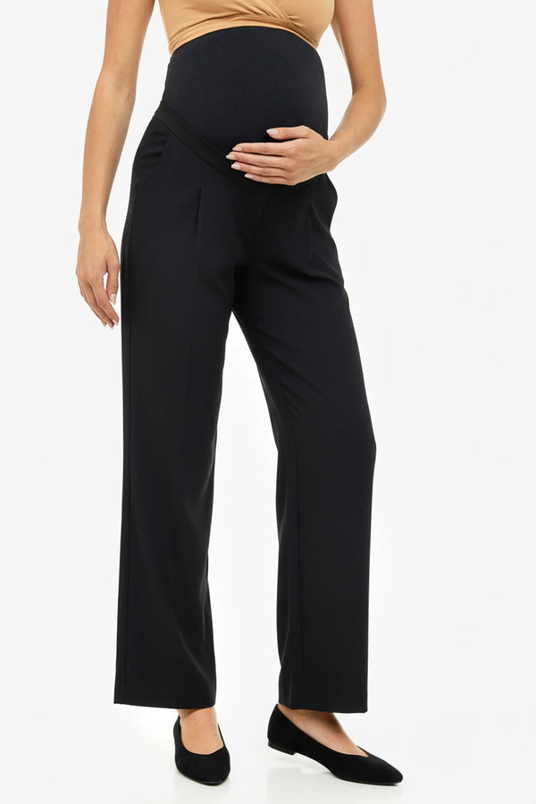 Разкроен еластичен панталон с плохи за бременни - тъмносин