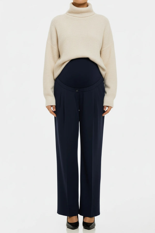 Разкроен тъмносин панталон с плохи за бременни