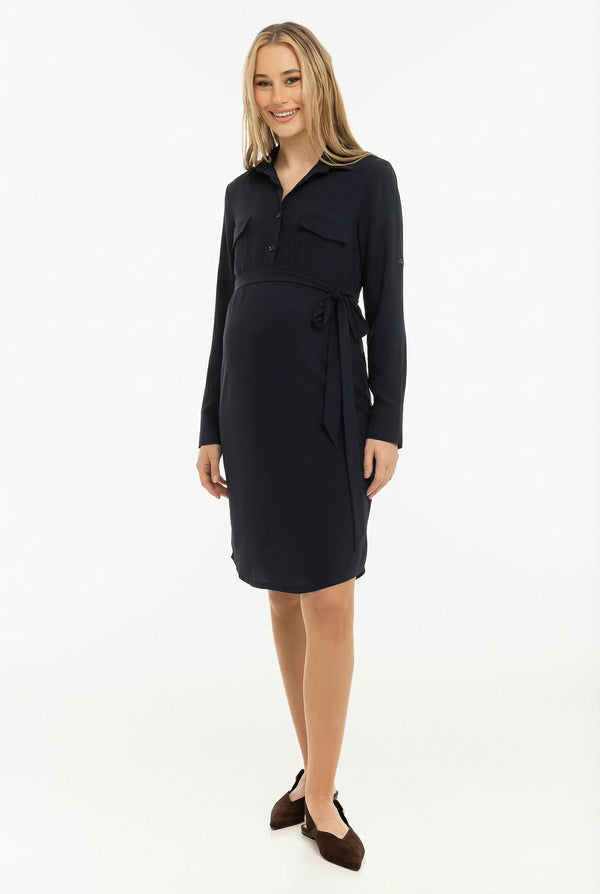 Еластична рокля с яка за бременни и кърмещи - тъмносиня