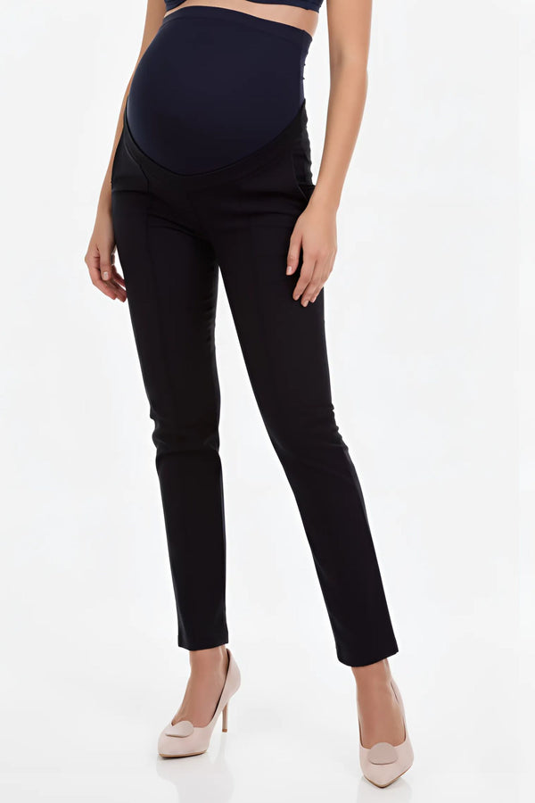 Тъмносин панталон с ръб за бременни и талия от органичен памук