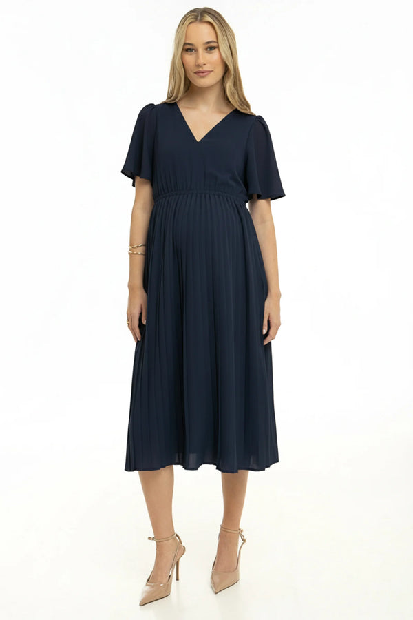 Официална плисирана рокля за бременни - тъмносиня