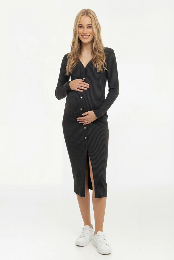 Плетена рокля за бременни и кърмещи с копчета – антрацит