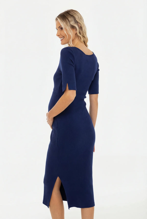 Памучна рипсена рокля за бременни и кърмещи - тъмносиня