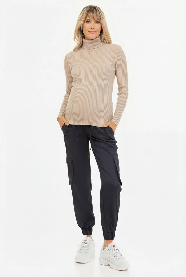 Сатенен карго панталон за бременни - тъмносин