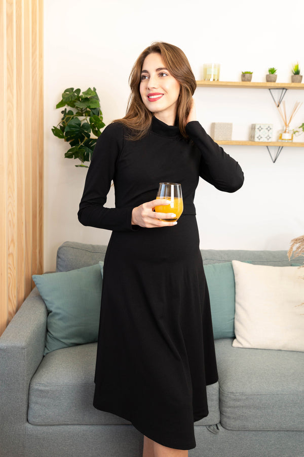 Разкроена рокля за бременни и кърмещи с поло яка - черна