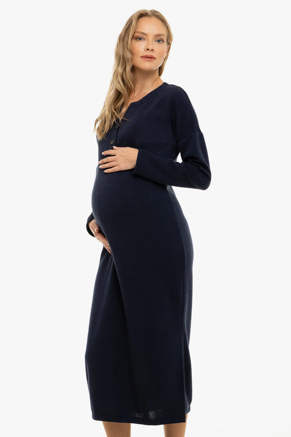 Дълга плетена рокля за бременни и кърмещи - тъмносиня