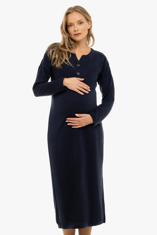 Дълга плетена рокля за бременни и кърмещи - тъмносиня
