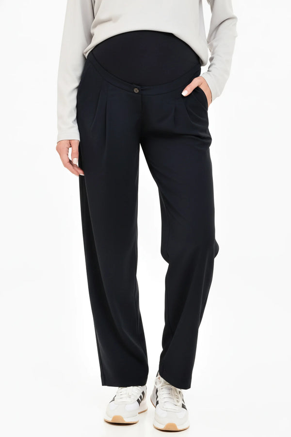 Разкроен еластичен панталон с плохи за бременни - тъмносин