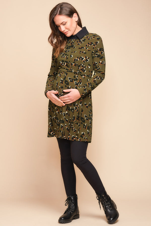 Рокля за бременни и кърмещи с десен и яка