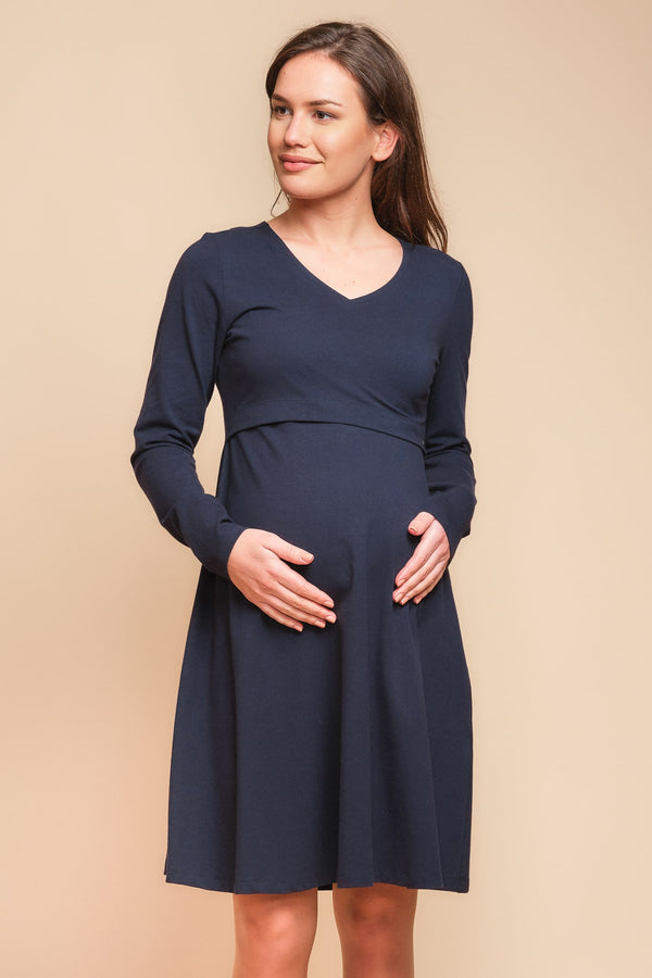 Разкроена памучна рокля за бременни и кърмещи - тъмносиня